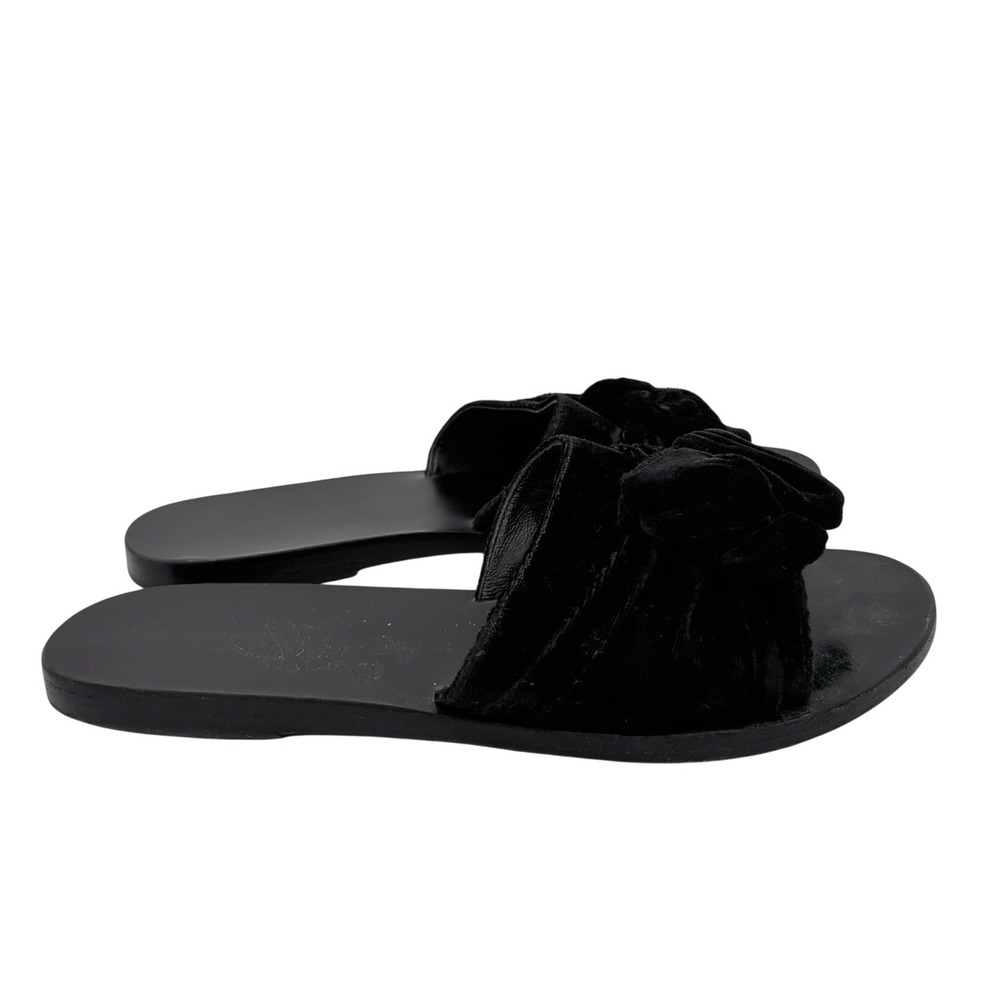 Ancient Greek Taygete Sandals Black Velvet Knotted Bow Slides Flat Sandals EU 37